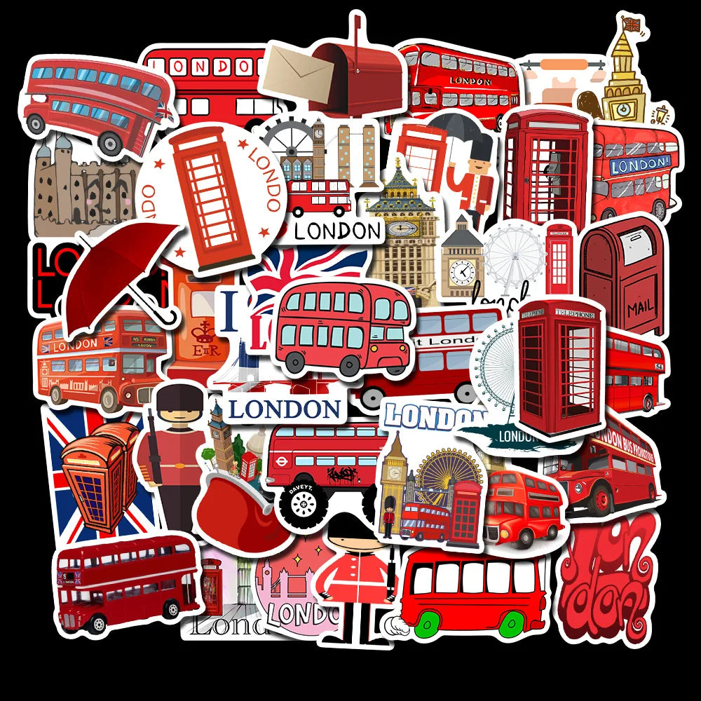 50Pcs London Red Bus Style Graffiti Stickers Do Not Repeat Suitcase Sticker Children's Waterproof Suitcase Stickers