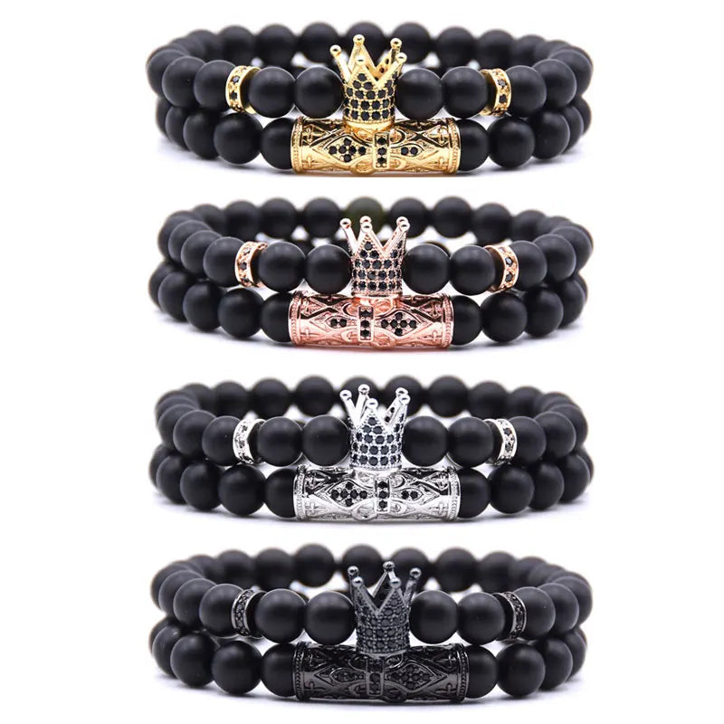 Microscope Beads Natural Matte Grind Stone Beads Crown Bracelet 2pcs/set ST140