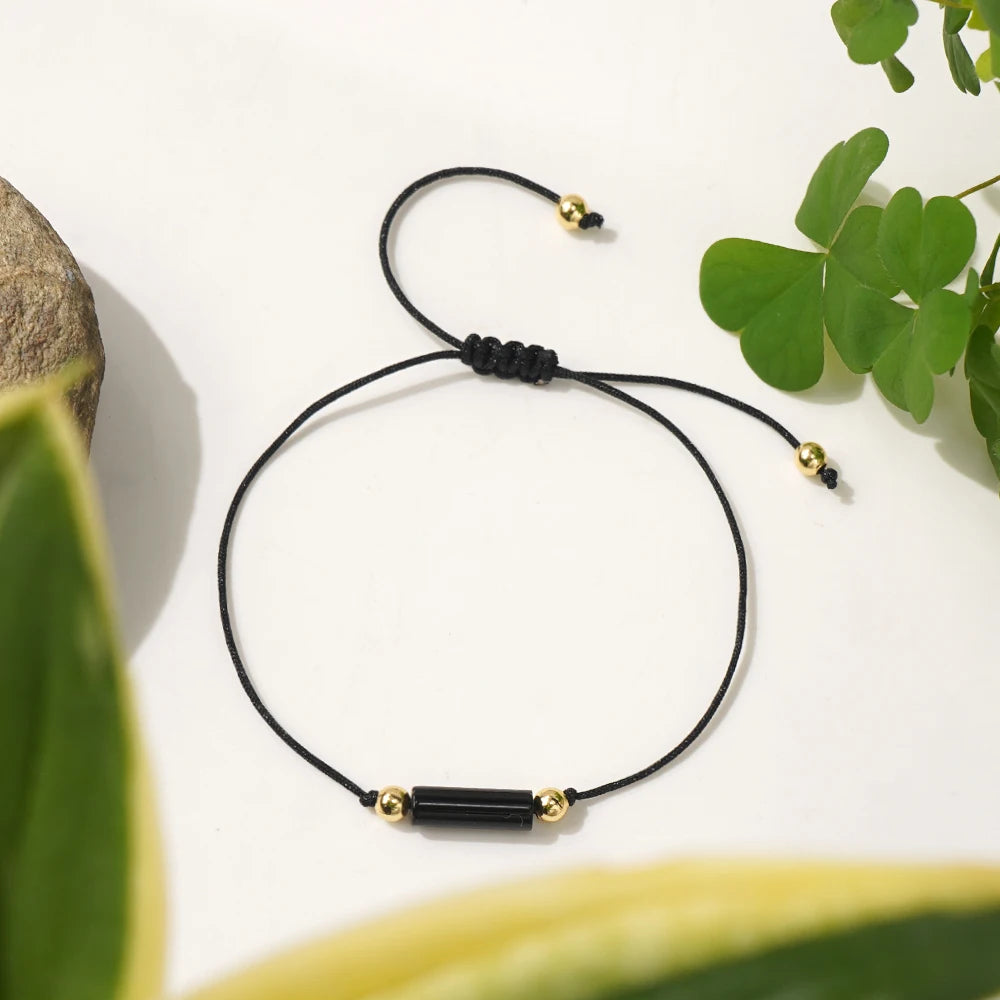 Go2boho Minimalist Adjustable Cord Bracelet with Black Cylinder Stone and Gold Plated Beads Friendship Gift Jewelry