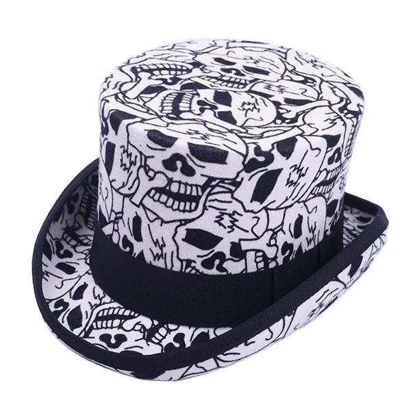 Ready to Ship Wholesale Mad Hatter magic trick Topper Hats Wool Felt White Top Hat with Polka Dot/skull Printed