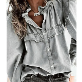 RNSHANGER Korean Women Doll Collar Denim Blouses Autumn Cardigan Loose Jeans Punk Gothic Bomber Shirts for Ladies