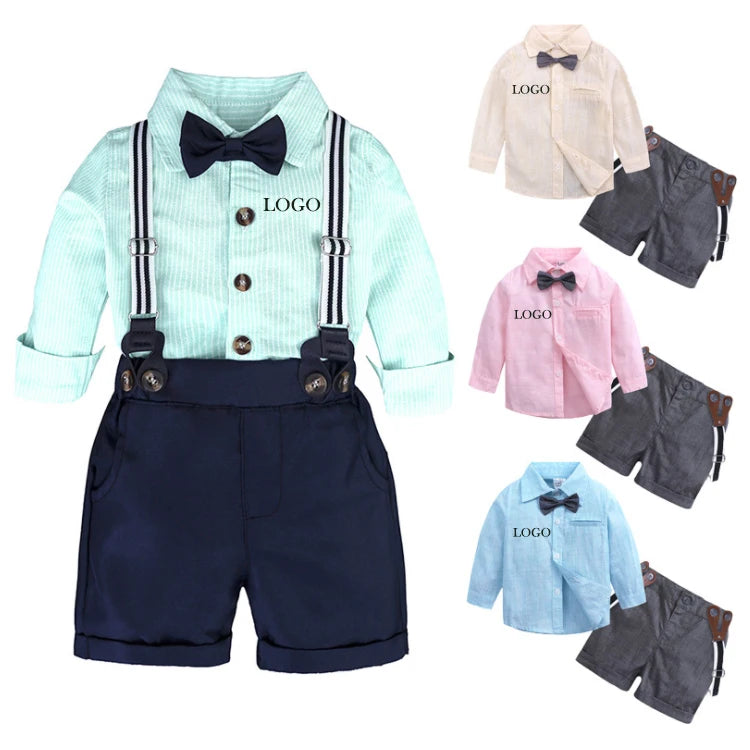 Top and Top Fashion Kids Clothing Sets Boy Gentleman Suit Long Sleeve White Bowtie Shirt+Overalls 2Pcs Clothes Outfits Tuxedo