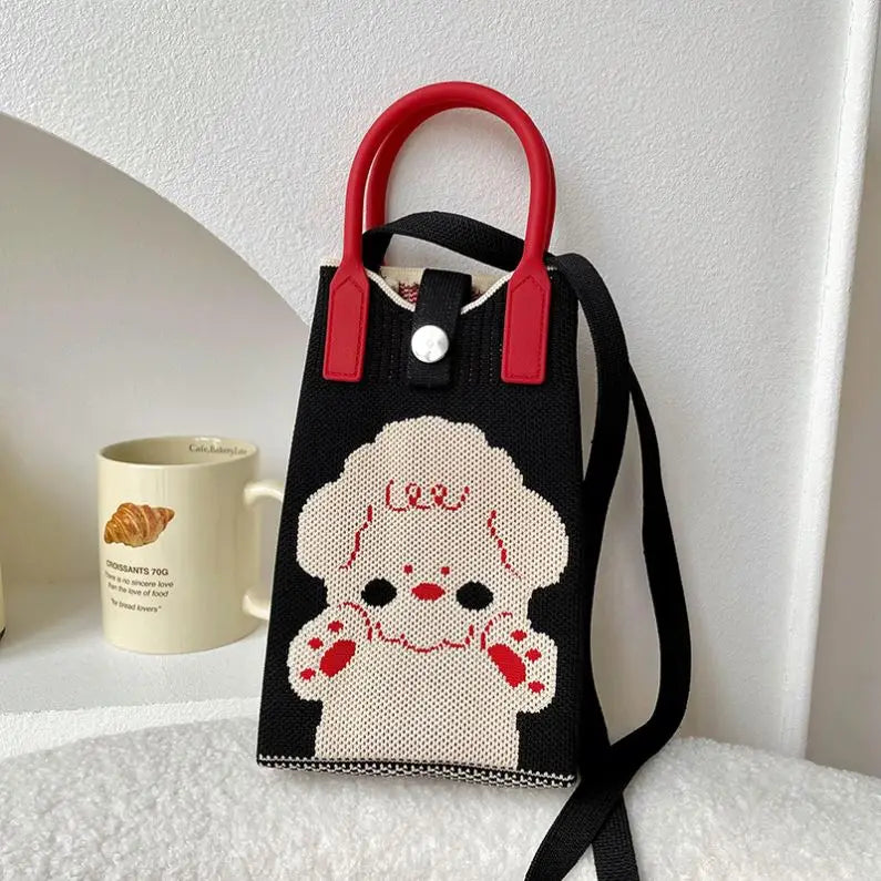Cute Puppy Spots Knit Mini Handbag Women Wrist Bag Crossbody Cell Phone Purse