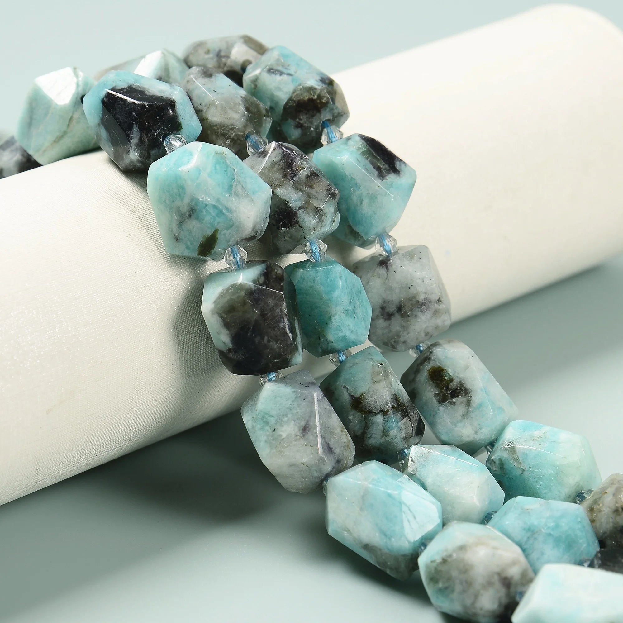 Customized Side Center Drill Faceted Nugget Chunk Stone Bead Strand Black Blue Amazonite Beads for Jewelry Making 12-14x16-18mm