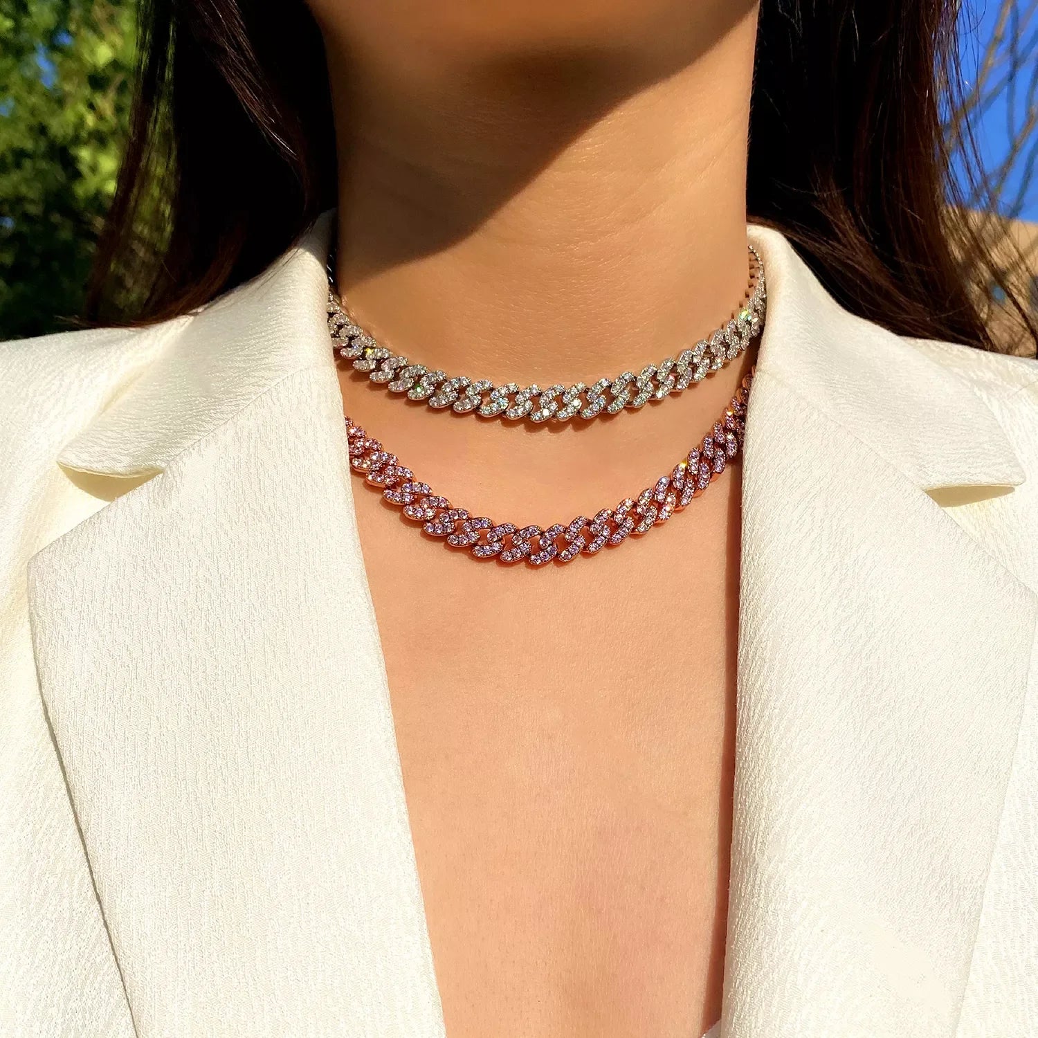 New Clasp Brass Iced Out 9mm Cuban Link Chain Hip Hop White Gold Rose Gold Good Quality Spring Clasp Cuban Chain Necklace