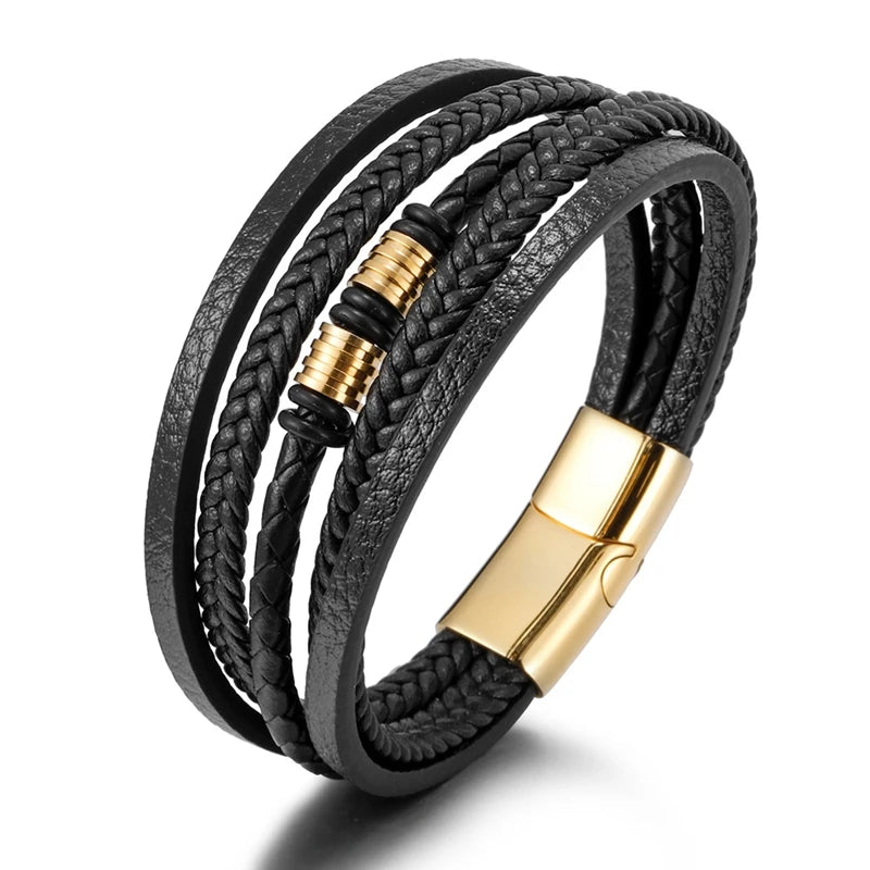 Hot-Selling Stainless Steel Leather Bracelet Brown for Men Multi Layer Magnetic Black Brown Leather Clasp Bracelet