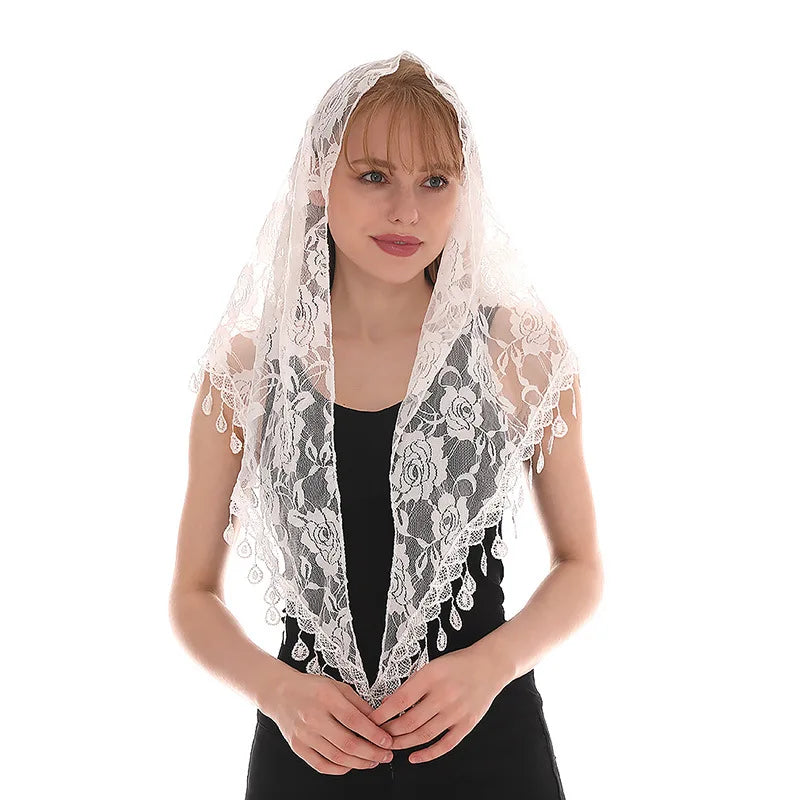 Women Lace Triangle  Embroidered Scarf Tassel Church Shawl Pendant Spanish Lace Mantilla Veil Head Cover