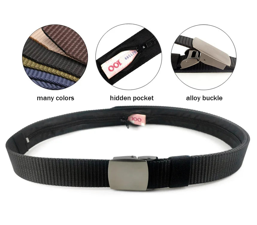 Outdoor Sports 3.8cm Man Anti-Lost Canvas Tank Nylon Hidden Zip Travel Money Web Belt With Pocket