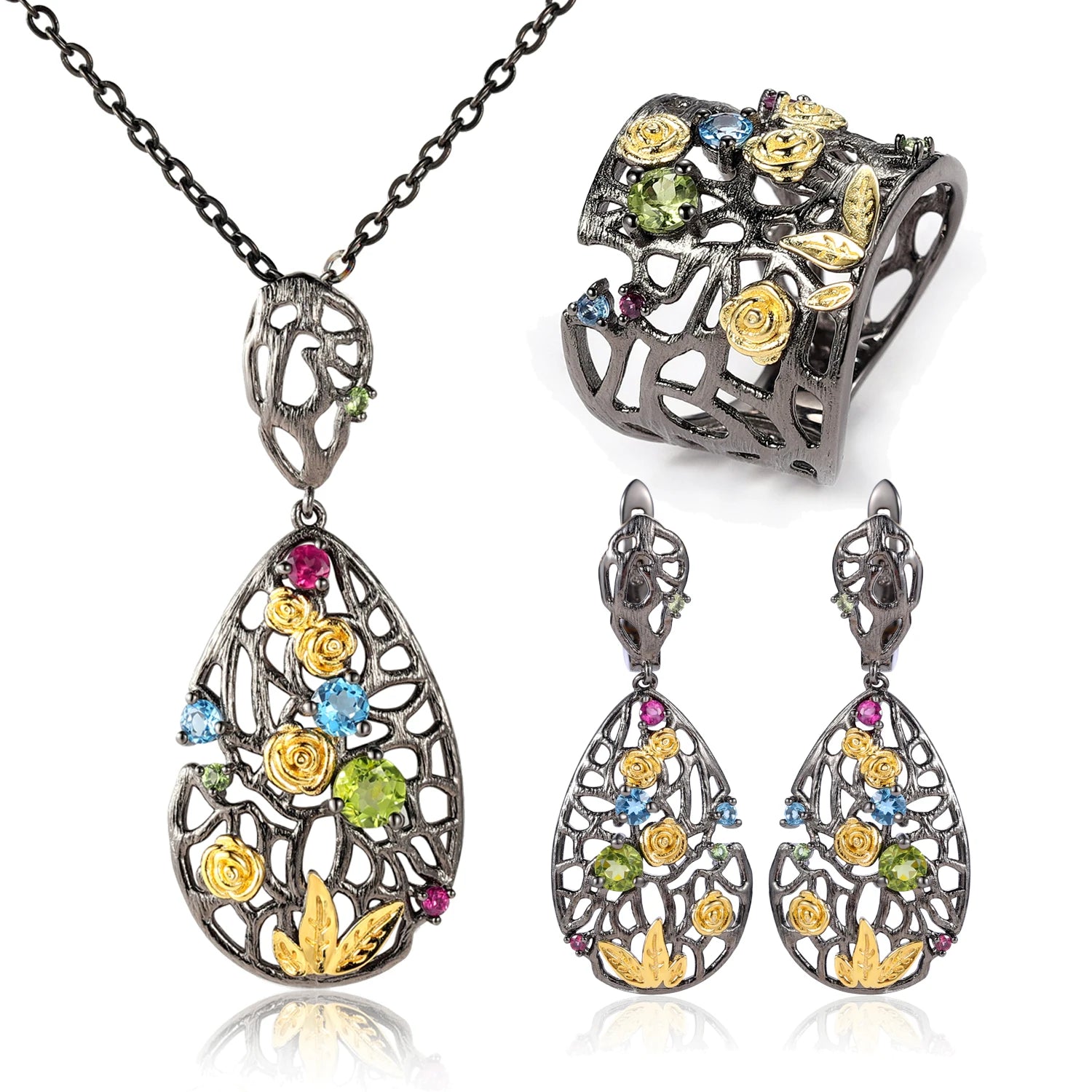 C7937 Abiding Fine Jewelry Factory Round Cut Natural Gemstone Hollowed Out Flowers Women Sterlings Silver Plated Jewelry Set