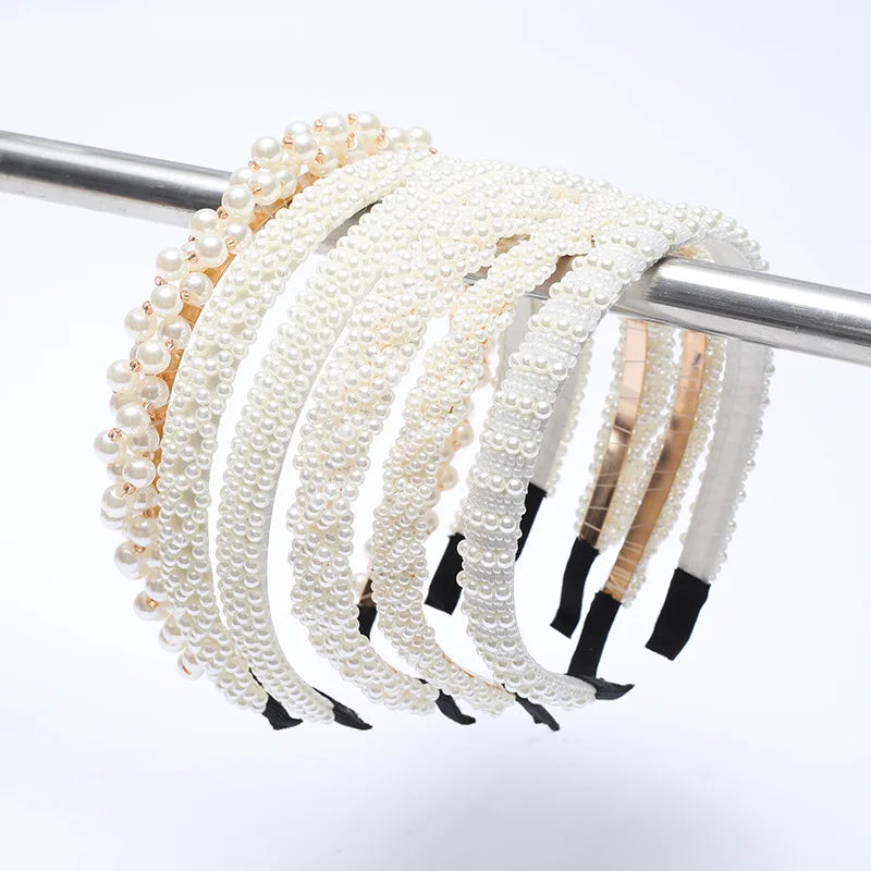 CELIAY Fine Quality Handmade Wedding Party Wide Faux Pearl Elastic Headband for Women White with Card Board Packaging