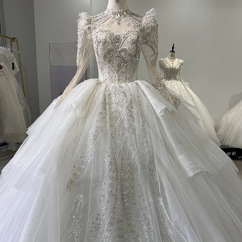 Jancember XS013 Luxury Puffy Bridal Heavy Lace Embroidery Fabrics Wedding Dresses