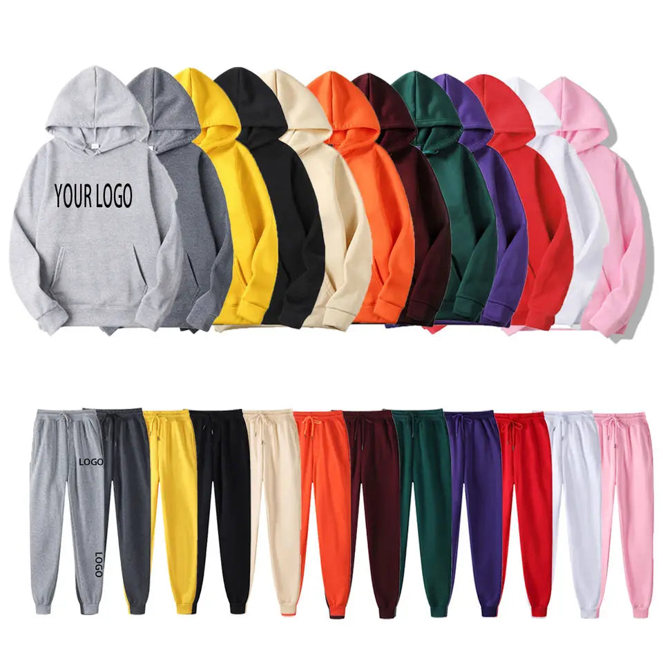 Men's Knitted Lined Pullover Hoodies & Jogging Sweatpants Two-Piece Set Casual Sport Drawstring Sportswear Suit