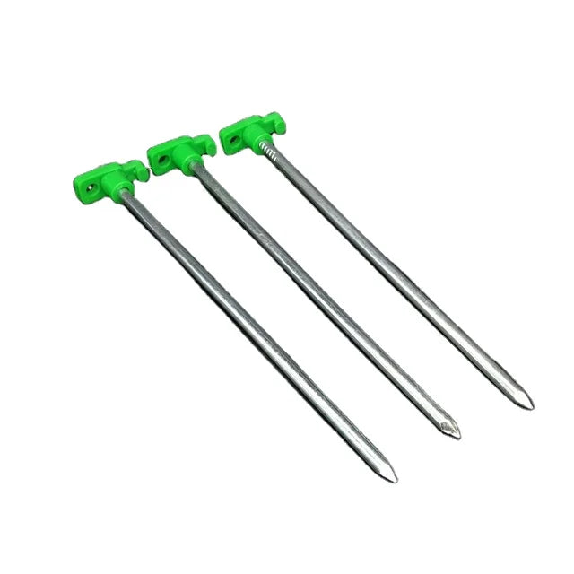 TP3028 25*4.5cm Dia 7mm Manufacture Wholesale Outdoor Green Plastic Head Windproof Steel Nail Peg Camping Tent Accessories