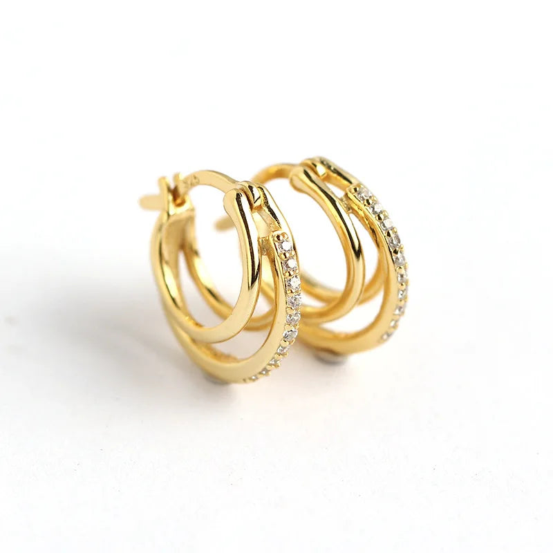INS 925 Sterling Silver Chic Triple Circle CZ Round Diamond Geometric Shape Hoop Earrings Fine Jewelry