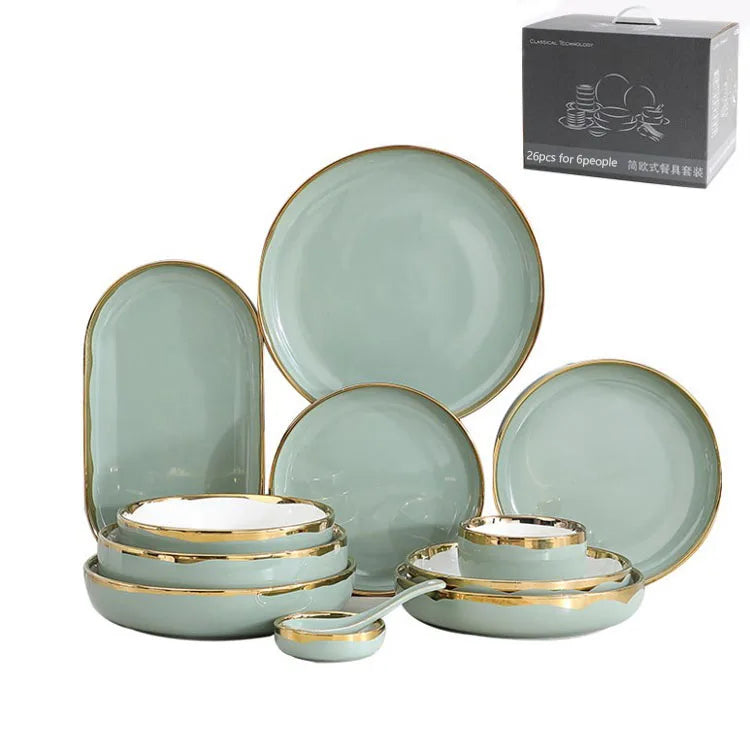 Creative Household Light Green Gold Rim Ceramic Dinnerware Set Eco-Friendly Porcelain Tableware Plate Bowl Combination for Steak