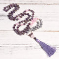 Handmade Knotted Rosary Beads Necklace Meditation Breathing Anti Anxiety Whistle Necklace Rose Quartz Jasper 108 Mala Necklace