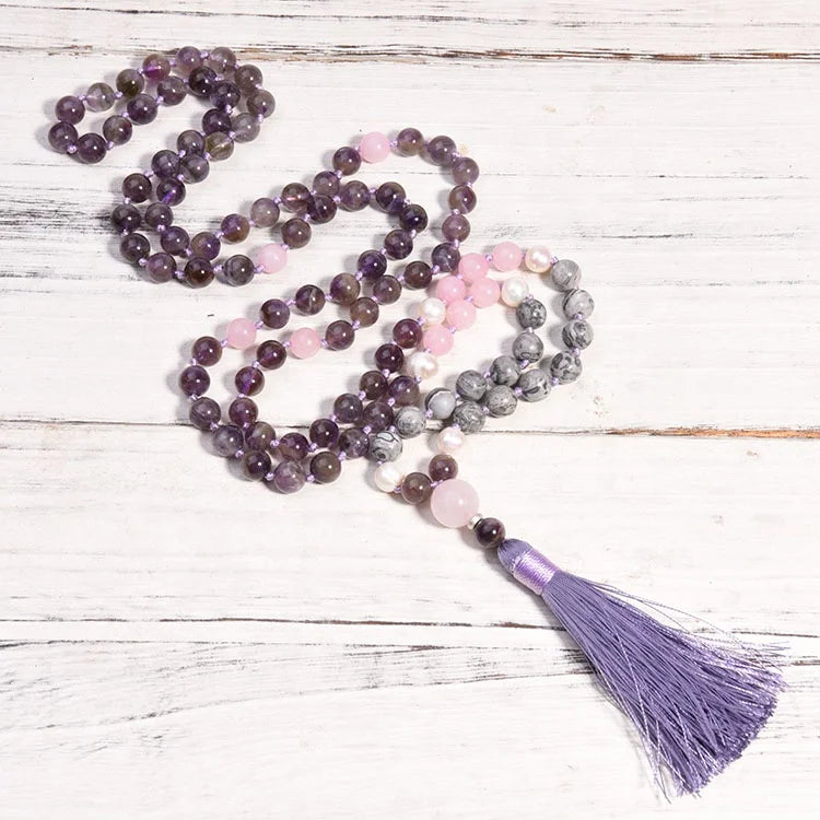 Handmade Knotted Rosary Beads Necklace Meditation Breathing Anti Anxiety Whistle Necklace Rose Quartz Jasper 108 Mala Necklace