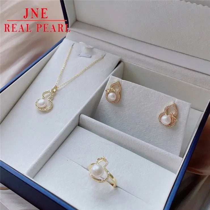 Fulu Gourd Freshwater Pearl Jewelry Suit Female Zircon Inlaid Steamed Bread Beads Ear Studs Ring Necklace Jewelry Wholesale