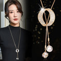 Trendy Hip Hop Jewelry Oval Pearl Zircon Pendant Sweater Chain Women's Fashion Simple Long Necklace Accessories