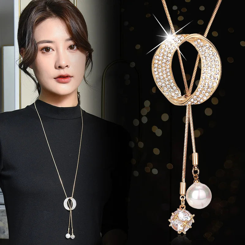 Trendy Hip Hop Jewelry Oval Pearl Zircon Pendant Sweater Chain Women's Fashion Simple Long Necklace Accessories