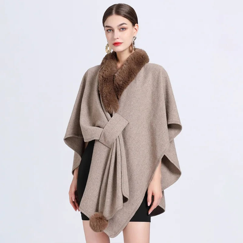 Women's Shawl Wrap Poncho Ruana Cape Open Front Cardigan Shawls With Fux Fur Collar for Fall Winter