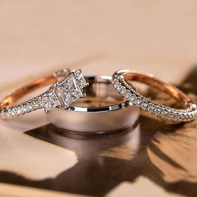 GT 3PCS/SET Square Zircon Bridal Rings Set Small Round CZ Wedding Finger Rings