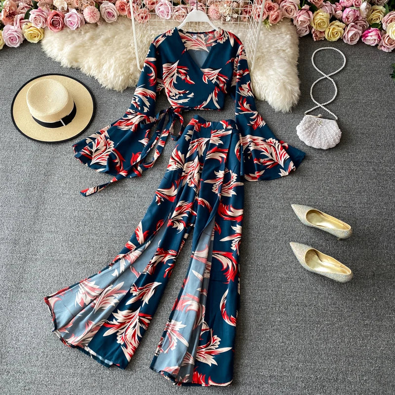 Women's Sets Fashion Print Flare Sleeve Tops High Waist Elegant Pants 2 Piece Set Women Ropa Wholesale