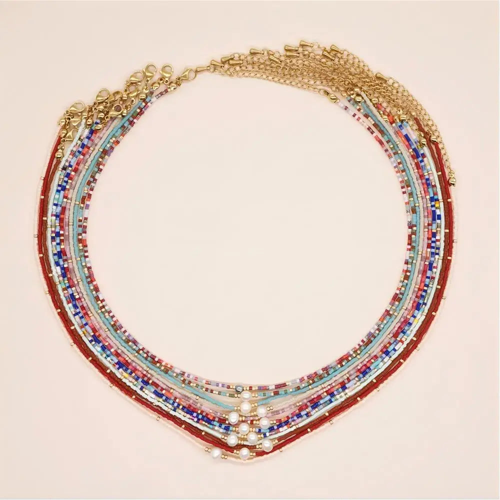 Handmade Bohemian Style Natural Pearl Necklace With Rainbow Miyuki Rice Beads Strand Type Choker Necklaces
