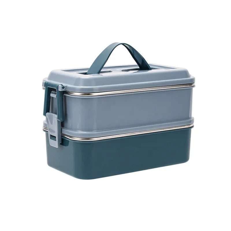 New Design Double-layer Large Capacity Food Storage Container Stainless Steel Lunch Box Silicone Handle Metal Food Carrier