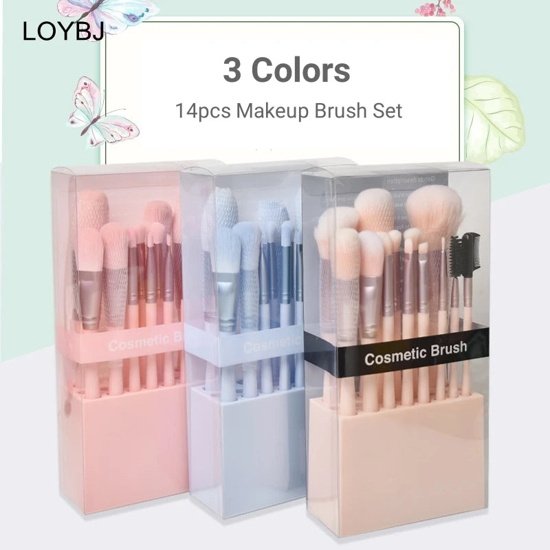 Private Logo 14pcs Professional Synthetic Fibre Face Cosmetic Brush Set Makeup Brushes Powder Foundation Blush Eye Shadow