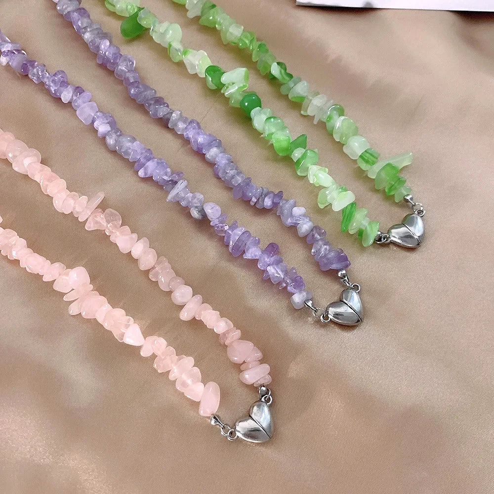 New Cute Elegant Natural Stone Chips Bead Stainless Steel Heart Clasp Choker Necklace