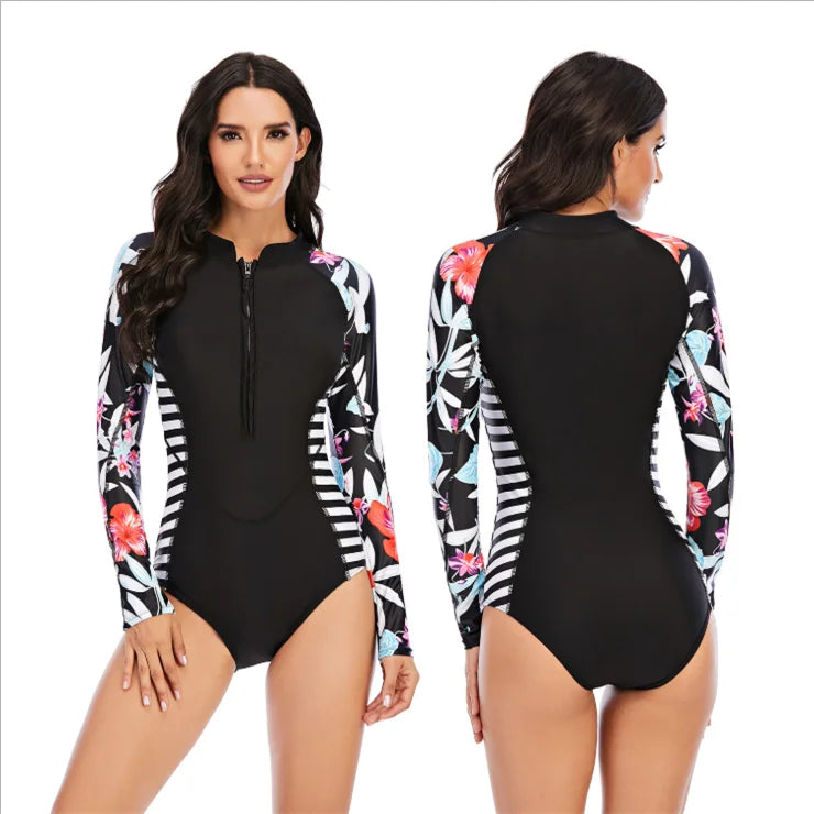 2025 Factory Custom Washed Digital Printed One Piece Long Sleeve Surf Swimwear Quick Dry Breathable
