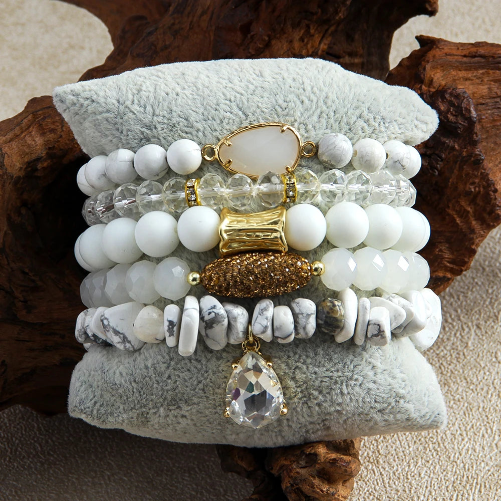 Fashion Bohemian Women Jewelry 8mm10mm  5pcs Natural Stone Glass Bead Elastic Bracelet Howlite Chip Stone Stack Bracelet Set