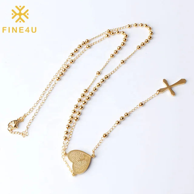 Religious Prayer Beads Stainless Steel Christian Gold Plated Heart Virgin Mary Pendant Cross Catholic Rosary Necklace