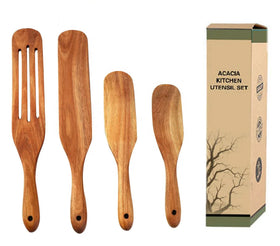 Hot Sell Acacia Teak Beech Bamboo Wood with Holder Slotted Kitchen Tools Utensils Wooden Spurtles Set