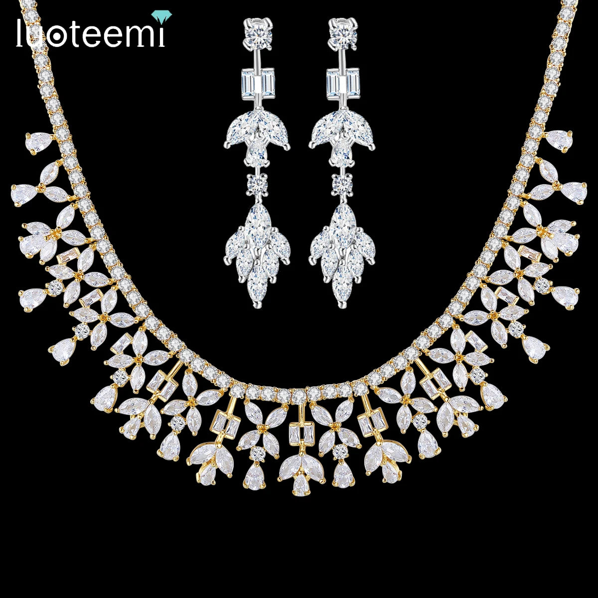 LUOTEEMI Iced Out Designer Earing Necklace Set Bridal Earrings Zircon Jewellery Woman Jewelry Making Supply