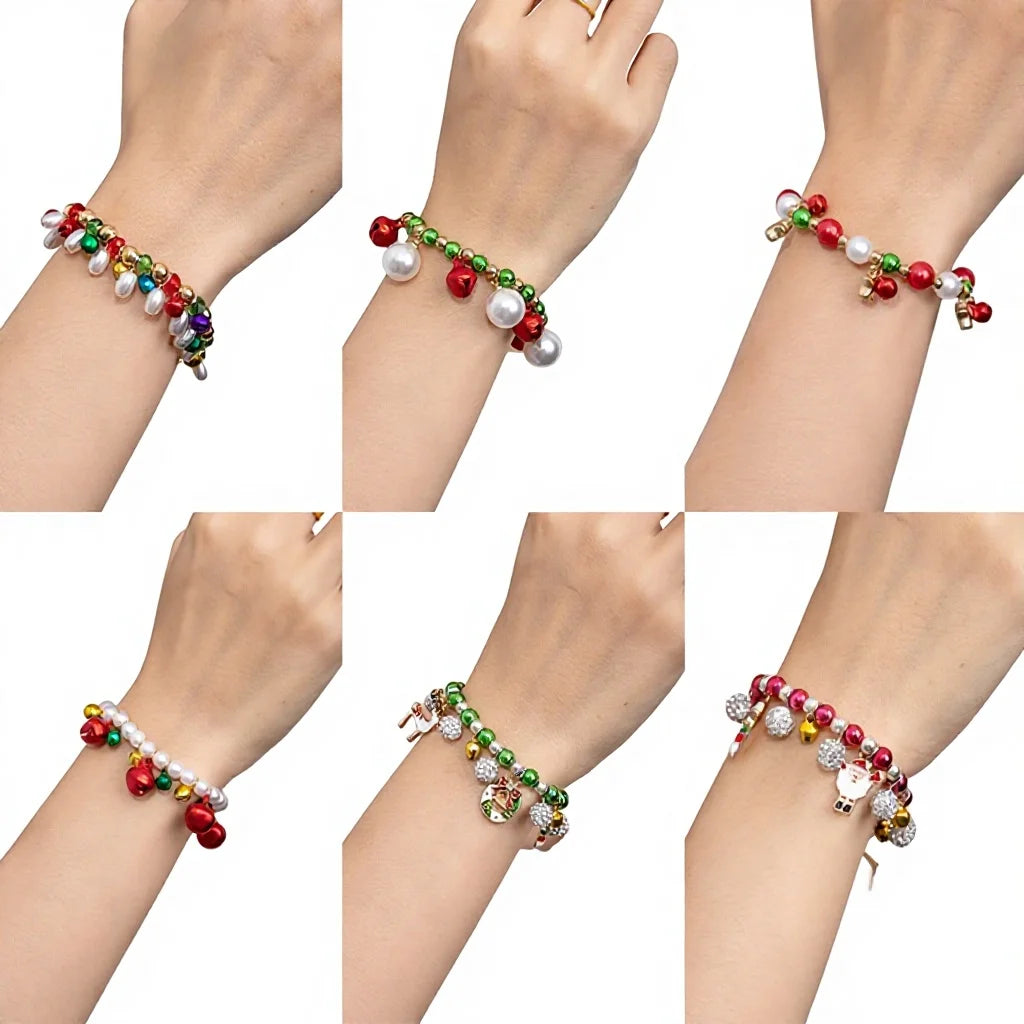 Cute Trendy Christmas Charm Beaded Elastic Snowflake Design Bracelet for Women Girls Featuring Santa Claus Xmas Tree Bell Rings