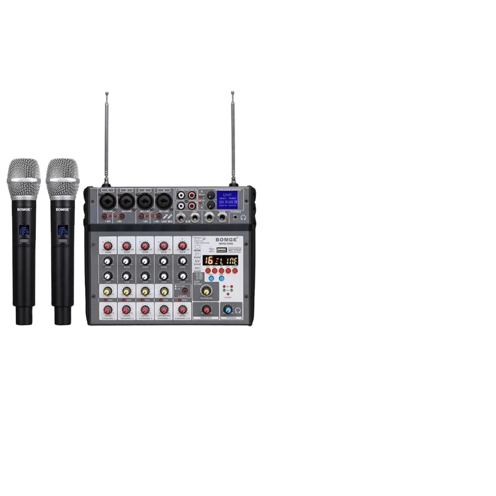 BMG 6 Channel Audio Mixer Mixing Console Built in Microphone UHF Wireless B T USB 16 DSP Effect for DJ Karaoke PC Record