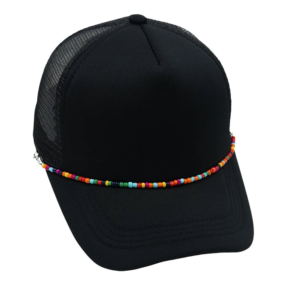 Wholesale Custom Logo Unisex 5 Panel Mesh Foam Sports Baseball Cap Curved Brim Blank Two Tone Trucker Hat With Beads Chain