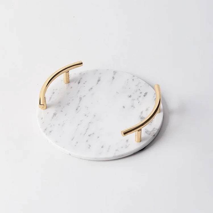 Round Marble Stone Cosmetic Storage Display Stand Multifunctional Natural Marble Serving Tray With Metal Arc Handle