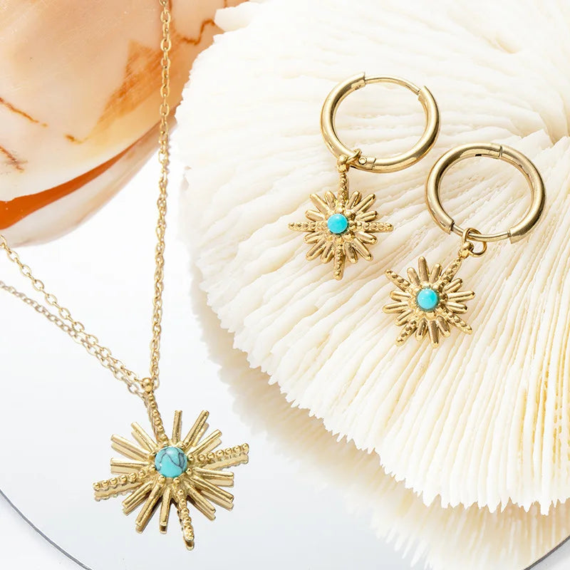 AJ449 Fashion Stainless Steel Jewelry Jewelry Sets Blue Turquoise Earrings and Necklace Jewelry Set