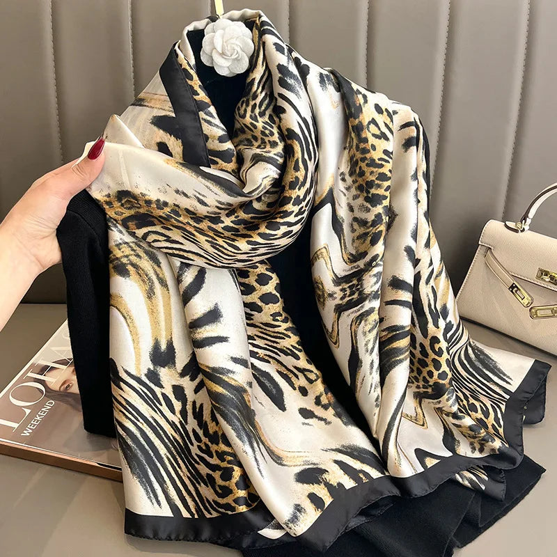 Wholesale Ladies Long Imitated Silk Scarves Fashion Animal Pattern Silk Shawls Stoles Leopard Printed Silk Scarf Women Hijabs