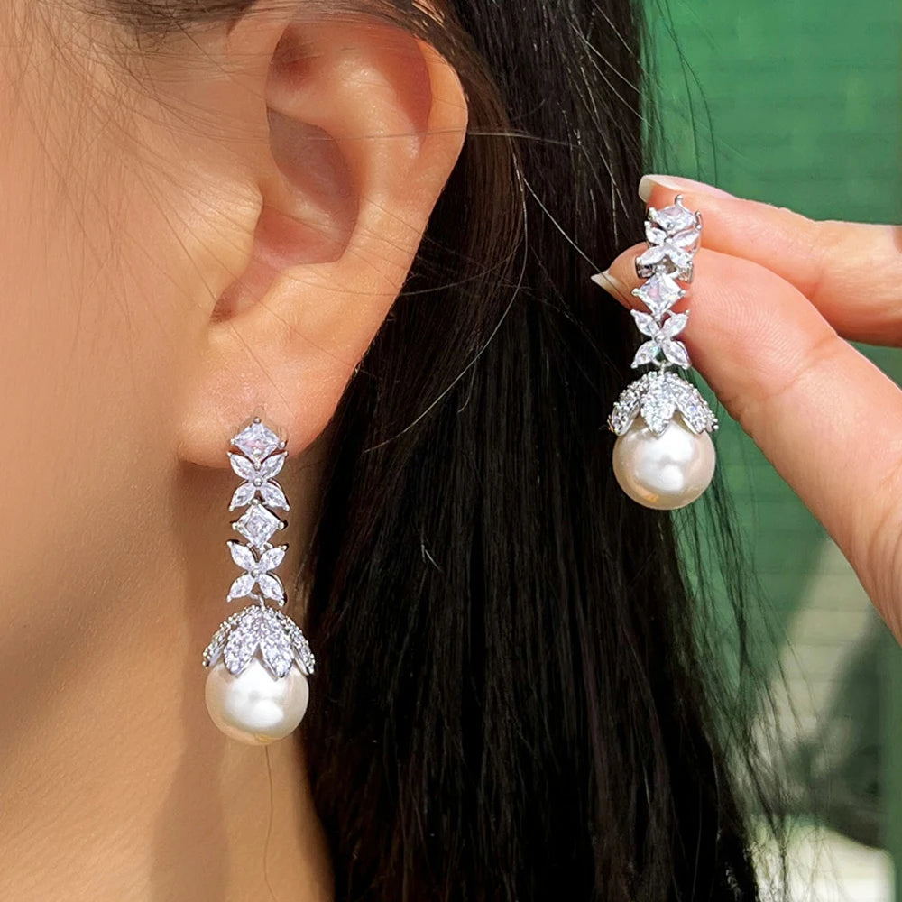 New Design Elegant Jewelry Cubic Zircon White Flower Leaf Bridal Pearl Long Drop Earrings for Women Wedding Dress Accessories