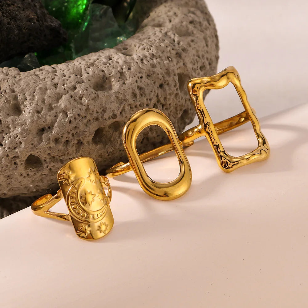 Vintage Fashion Stainless Steel Ring Waterproof 18K Gold Plated Sun Moon Shield Hollow Open Cuff Ring Women's Jewelry