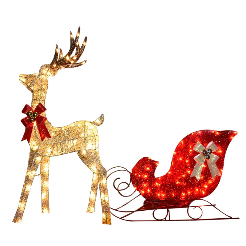 Hoyechi Outdoor LED Lighted Iron Frame Christmas Deer with Sleigh Motif Warmth Color Decoration 50000 Hours