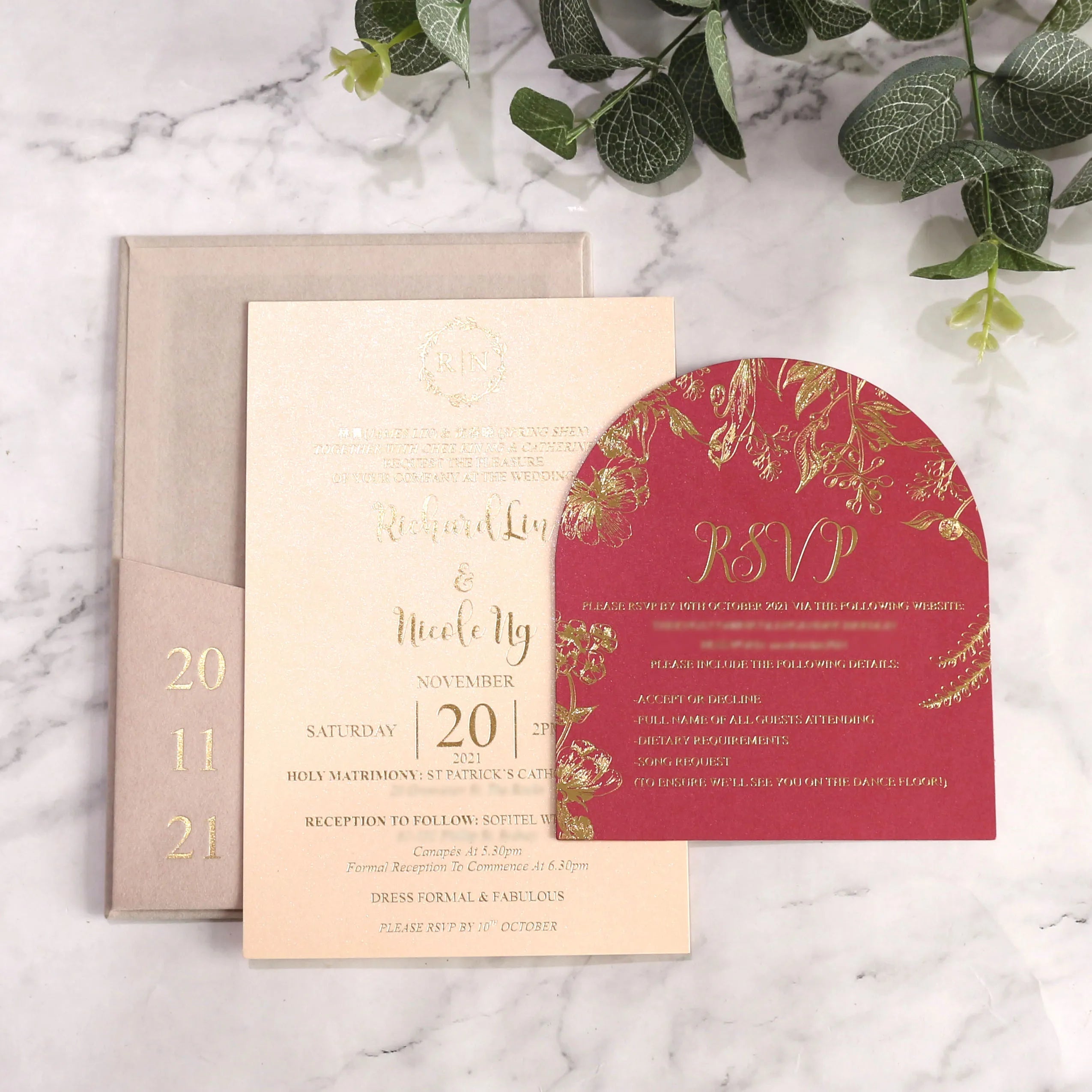 Personalized Design DIY Craft Pink Velvet Pocket Luxury Gold Foil Stamping Vintage Perfect Paper Handmade Wedding Invitation