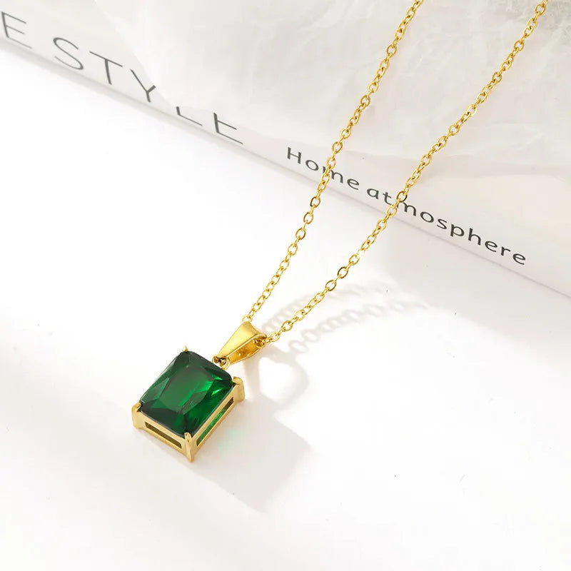 Elegant Real Gold Plated Ruby Emerald Square Stainless Steel Link Chain Necklace Iced Out Zircon CZ Pendant Necklaces