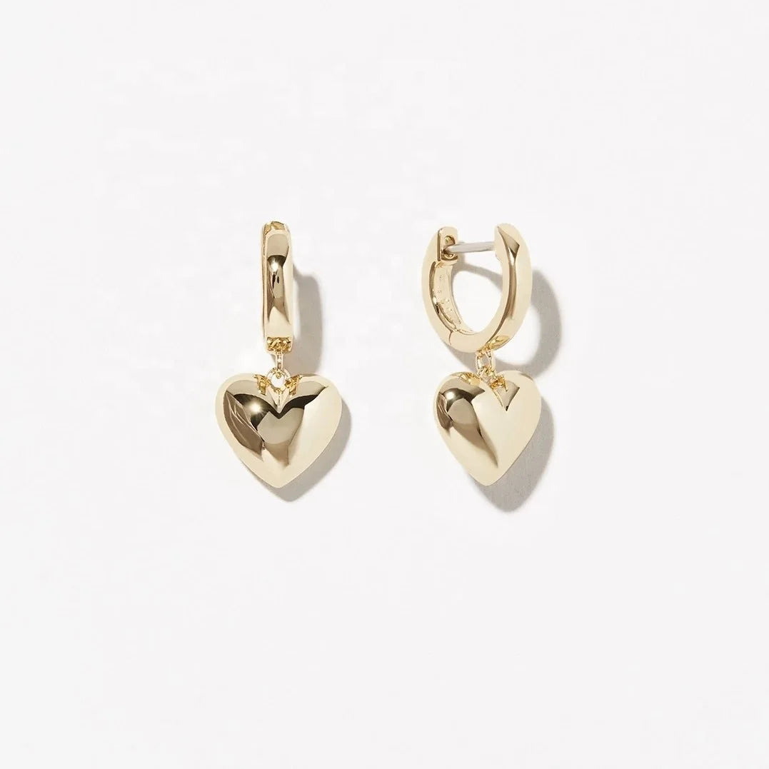 925 Sterling Silver 18k Gold Lovely Solid Silver Heart Dangling Hoop Earrings