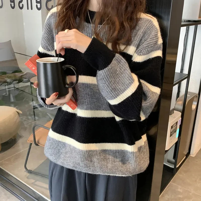 Simple Design Korean Style Striped Round Neck Pullover Women Autumn Knitwear