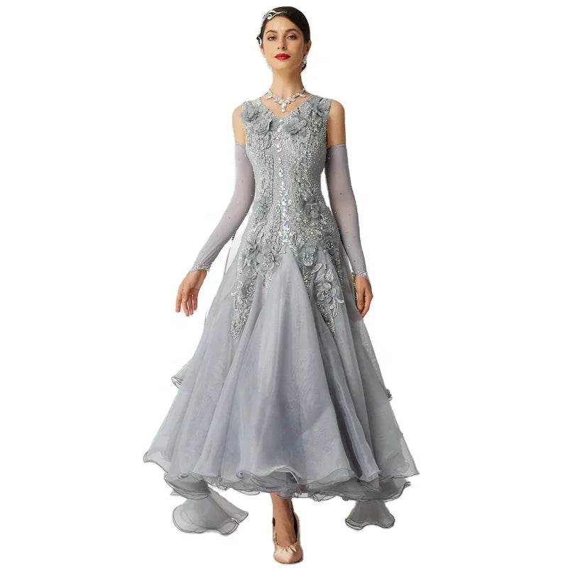 B-2052 High Quality Gray Standard Ballroom Smooth Dress High-end Custom Waltz Tango Dress for Competition